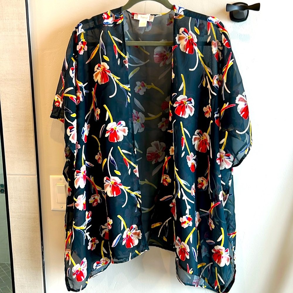 Sheer kimono/swim suit coverup, velvet floral design